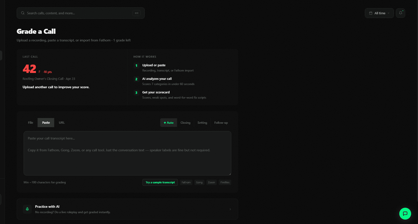 GradeMyClose upload page showing drag and drop file upload for MP3, WAV, M4A, and MP4 sales call recordings